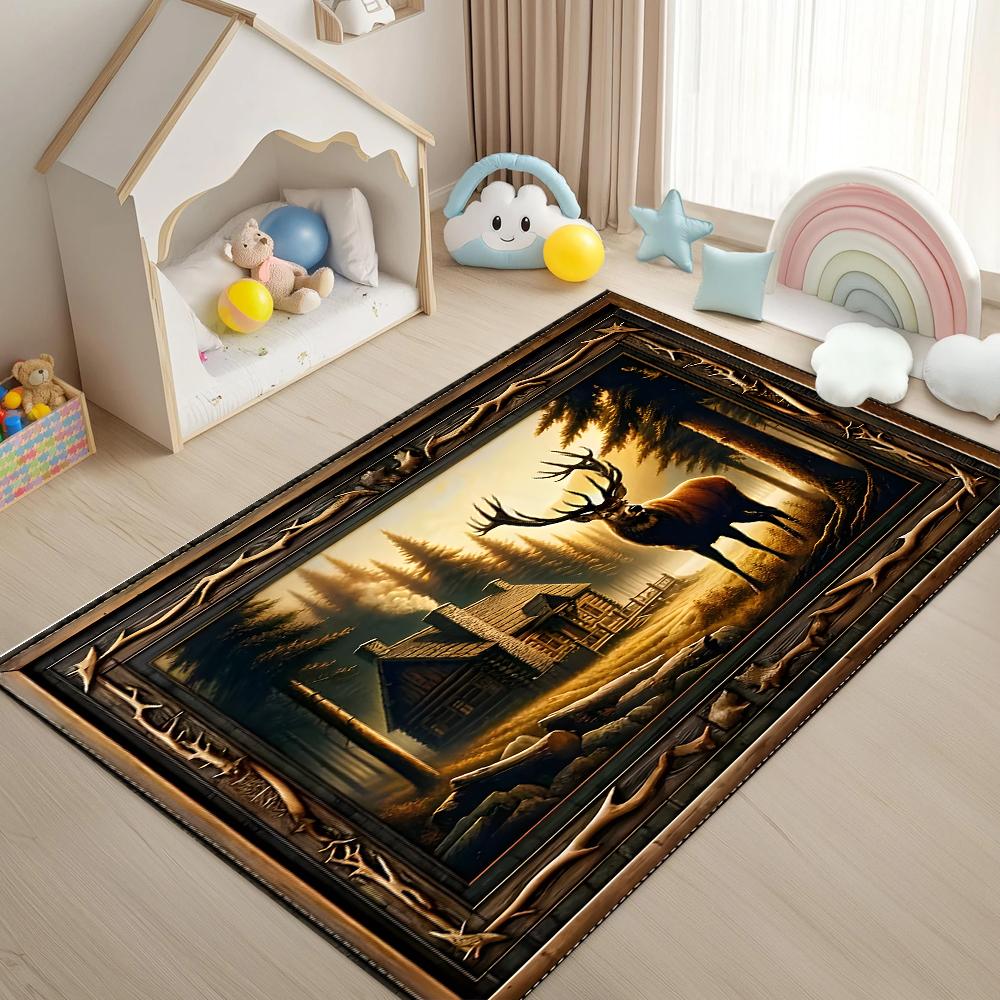 Tappeto Patchwork Foresta Vintage con Motivo Alce Orso Pesce Tappetino Morbido Antiscivolo per Soggiorno Camera da Letto Decorazione per la Casa