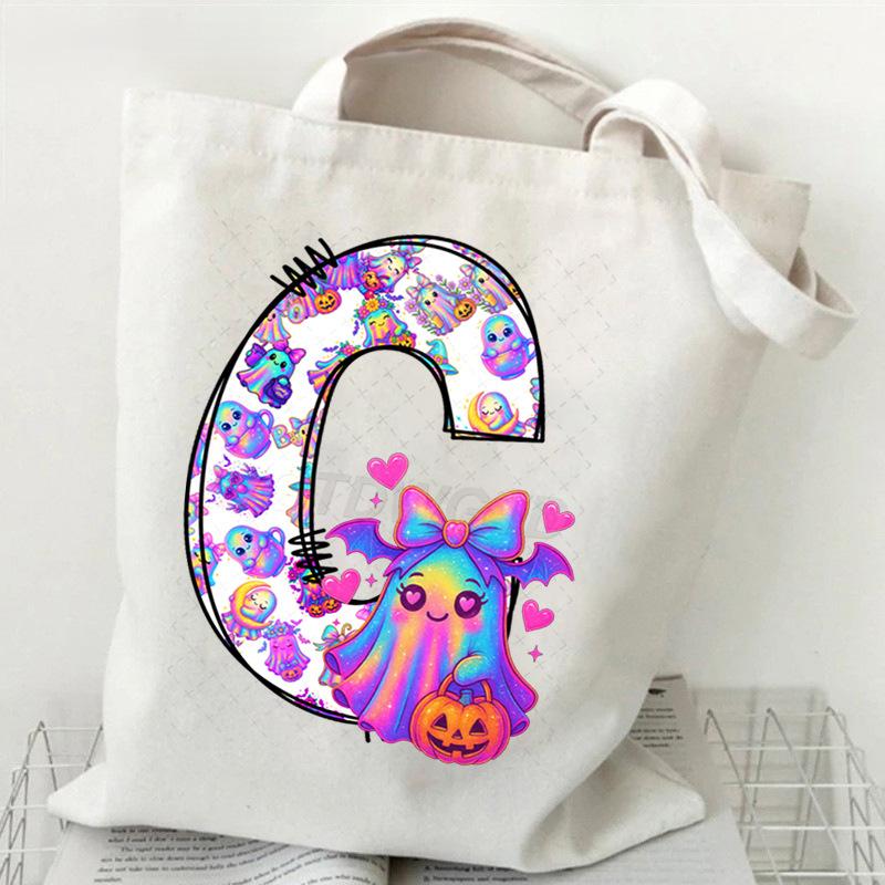 Halloween Alphabet Canvas Bag Going Out Portable Handbag Women's Large Capacity Casual Shoulder Crossbody Bag