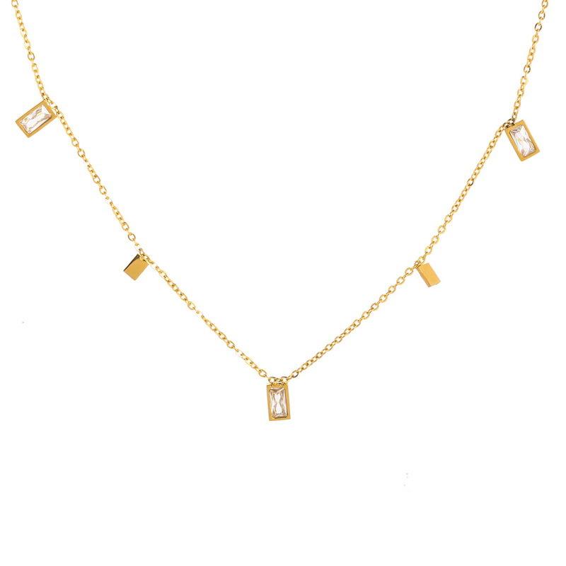 YF3088 Fashion Elegant Stainless Steel Jewelry Waterproof 18K Gold Plated Zircon Necklace Square Crystal Tassel Choker Necklaces 40+5cm
