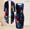 Women Plus Size Two Piece Set Long Sleeve Draped Cardigan Sleeveless Round Neck Printed Bodycon Dress Black Red White