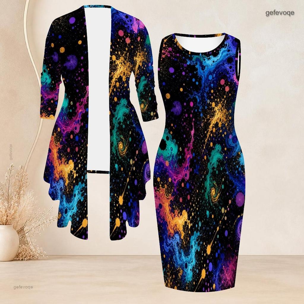 Women Plus Size Two Piece Set Long Sleeve Draped Cardigan Sleeveless Round Neck Printed Bodycon Dress Black Red White