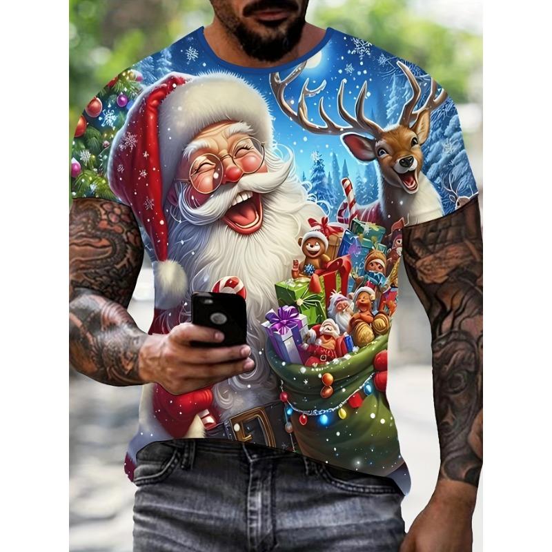 Men'S 3D Christmas T-Shirt, Featuring A Round Neck and Short Sleeves, with Designs of Santa Claus and Reindeer, Casual Wear,