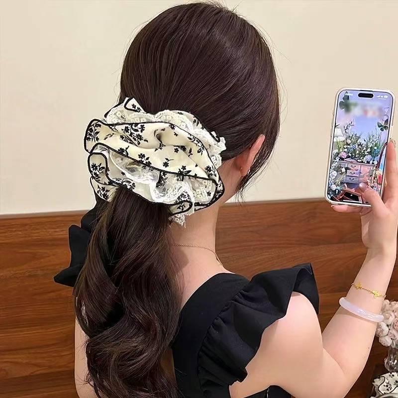 2025 New Black Floral XL Four-Layer Lace Scrunchie Hair Accessory