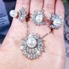 925  New Temperament High-End Group Inlaid White Zircon Fashion Simulation Pearl Shell Beads Pendant Earring Open Ring Set