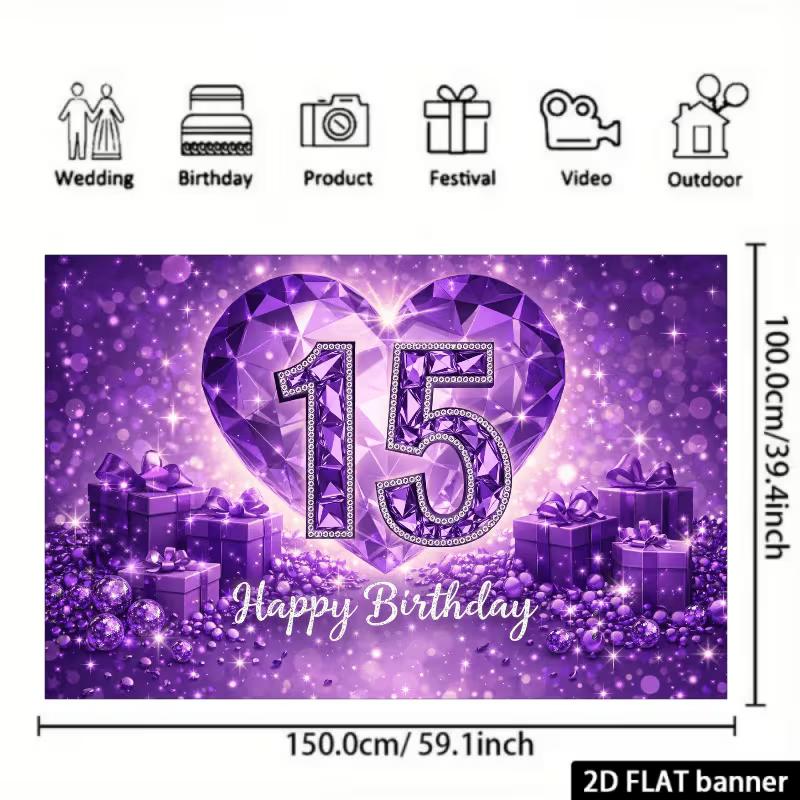 Sfondo per Festa di 15° Compleanno 2D, Glitter Viola Diamante e Scatola Regalo Sfondo Fotografico