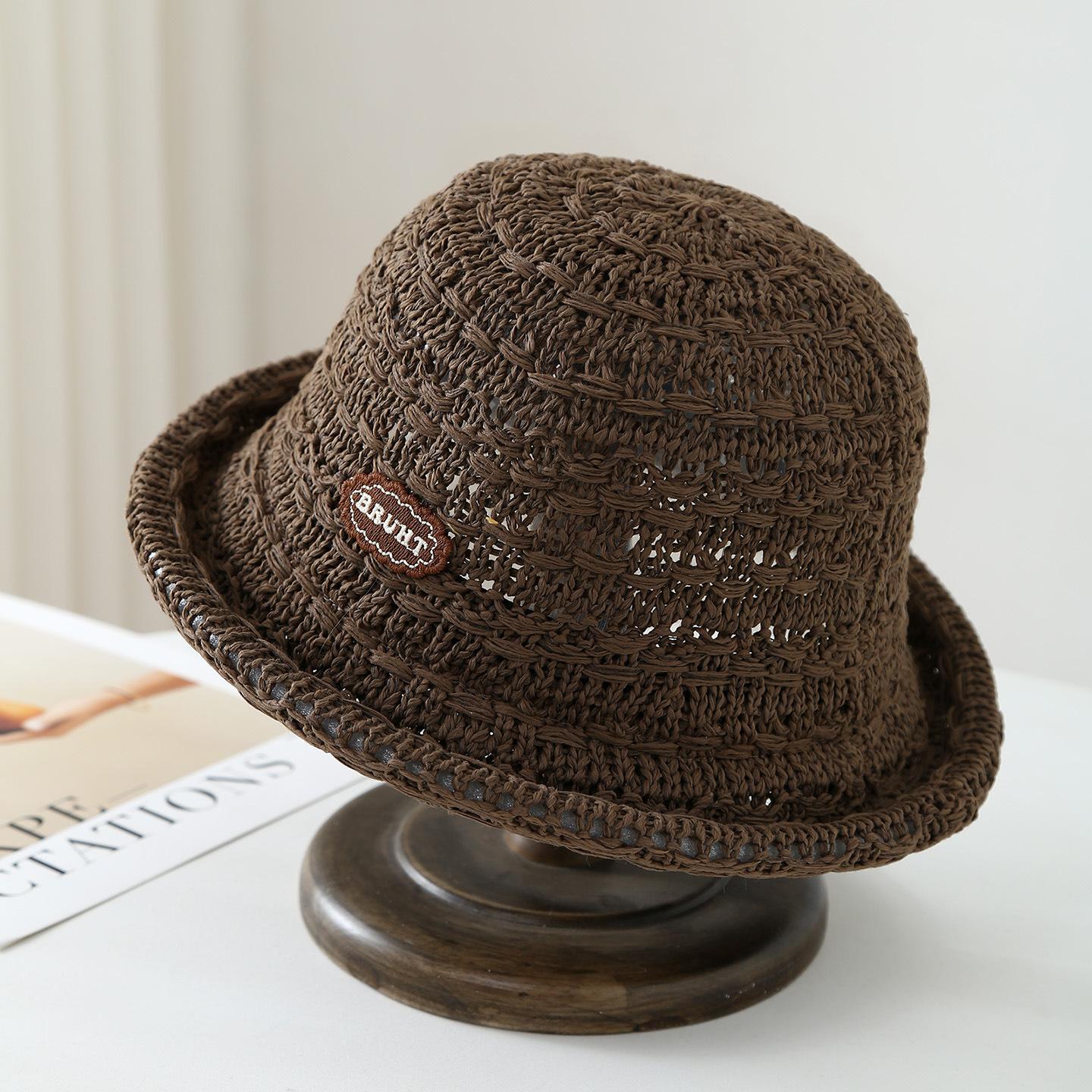 

Knitted Fisherman Hat with Leather Label, Bucket Hat Spring, Summer, and Autumn, Windproof, Versatile, New Style 56-58cm глубокая кофе