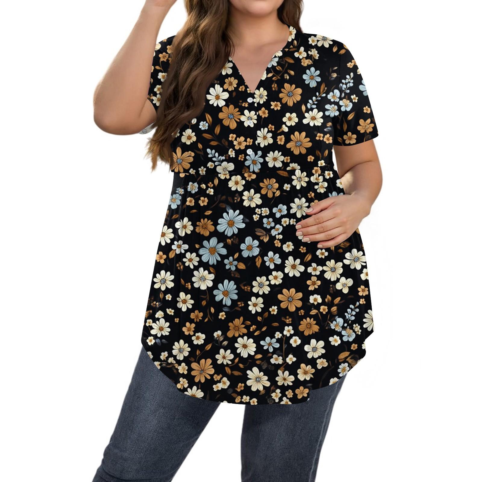 

Женский принтованный топ большого размера с V-образным вырезом и застежкой на пуговицы, повседневный топ с короткими рукавами и свободным кроем XXXL чёрный