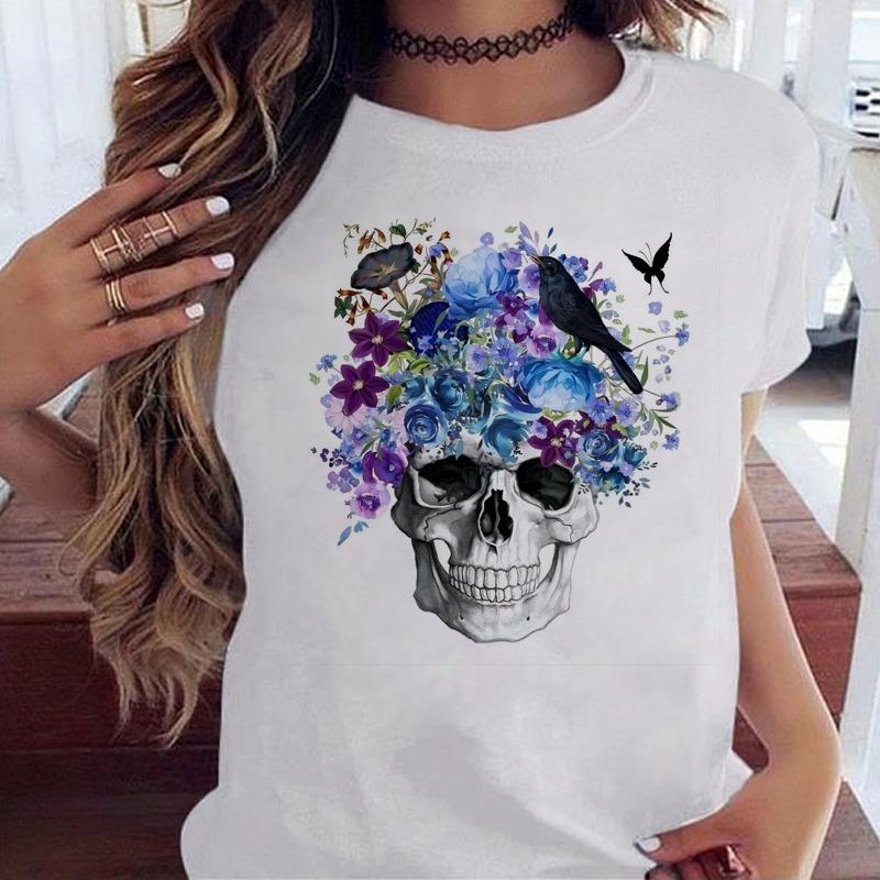 Fashion Skull Flower Print Women T Shirt Summer Casual Short Sleeve O Neck Women Tshirt