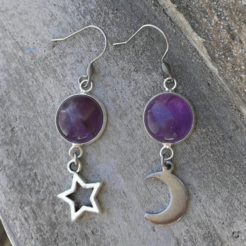 Amethyst Moon and Stars Celestial Pendant Earrings