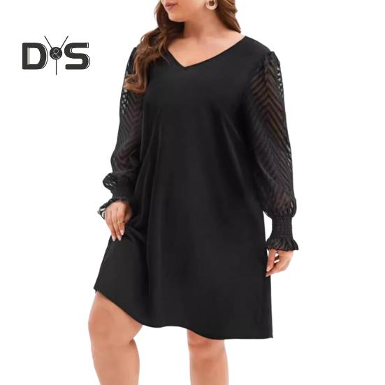 

Платье больших размеров с V-образным вырезом, кружевной отделкой, расклешенным длинным рукавом, мини-платьем с высокой талией, однотонное повседневное мини-платье L чёрный