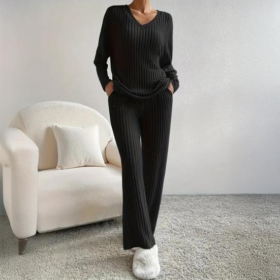 Damen Loungewear Set Geripptes Langarm-Oberteil und Weite Hose Passendes Pyjama-Set Lässige 2-teilige Outfits