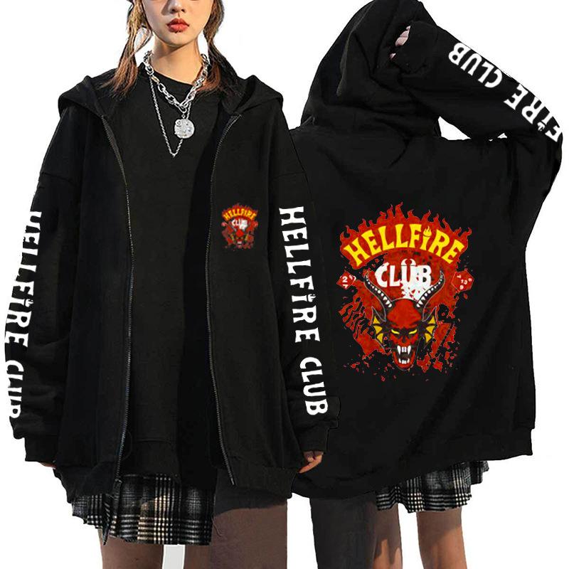 

New Women Men s Zipper Hoodie Fashion Jacket Hellfire Club Print Pattern Sweatshirt Street Apparel Casual Clothes Men Clothing XS чёрный