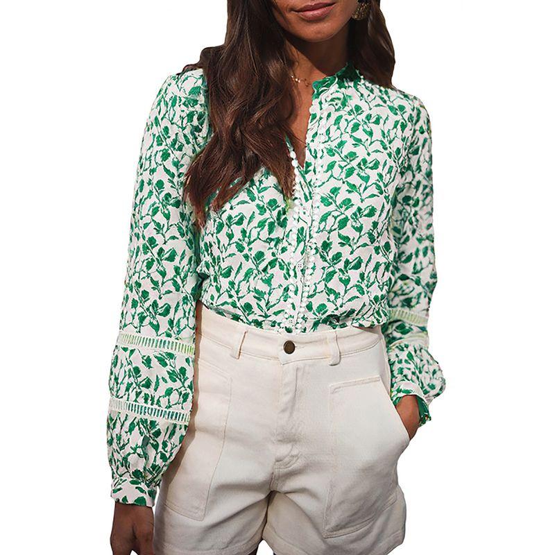 

American Shiying Elegant Flower V-neck Shirts Women 2025 Autumn New Retro All-Matching Long sleeve Shirt Women Green 2 Size XL Fit (75.00 kg-82.50 kg