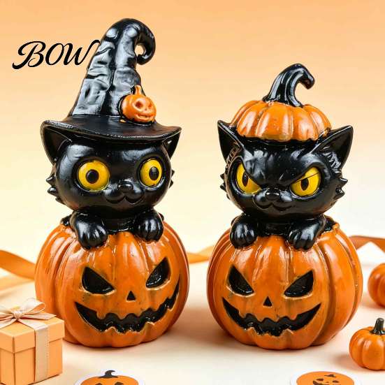 Mehrstöckige Schale Herbstdekorationen Halloween Schwarze Katze & Kürbis Harzornamente, Niedliche Schreibtischfiguren, Kreatives Geschenk für Liebhaber Cartoon Und Statue