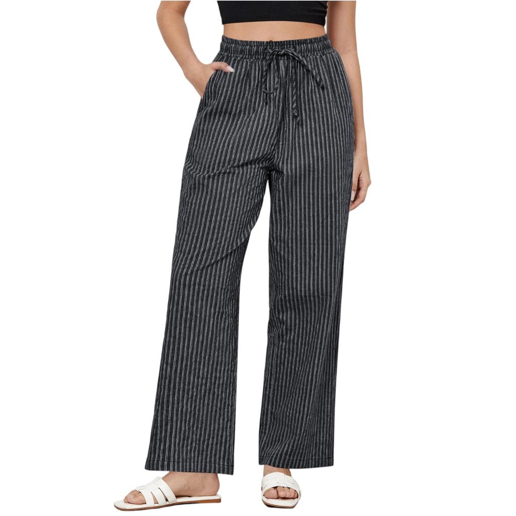 Striped Pants For Women High Waisted Wide Leg Cotton Linen Trendy Beach Pull On Elastic Waist Casual Flowy Pants