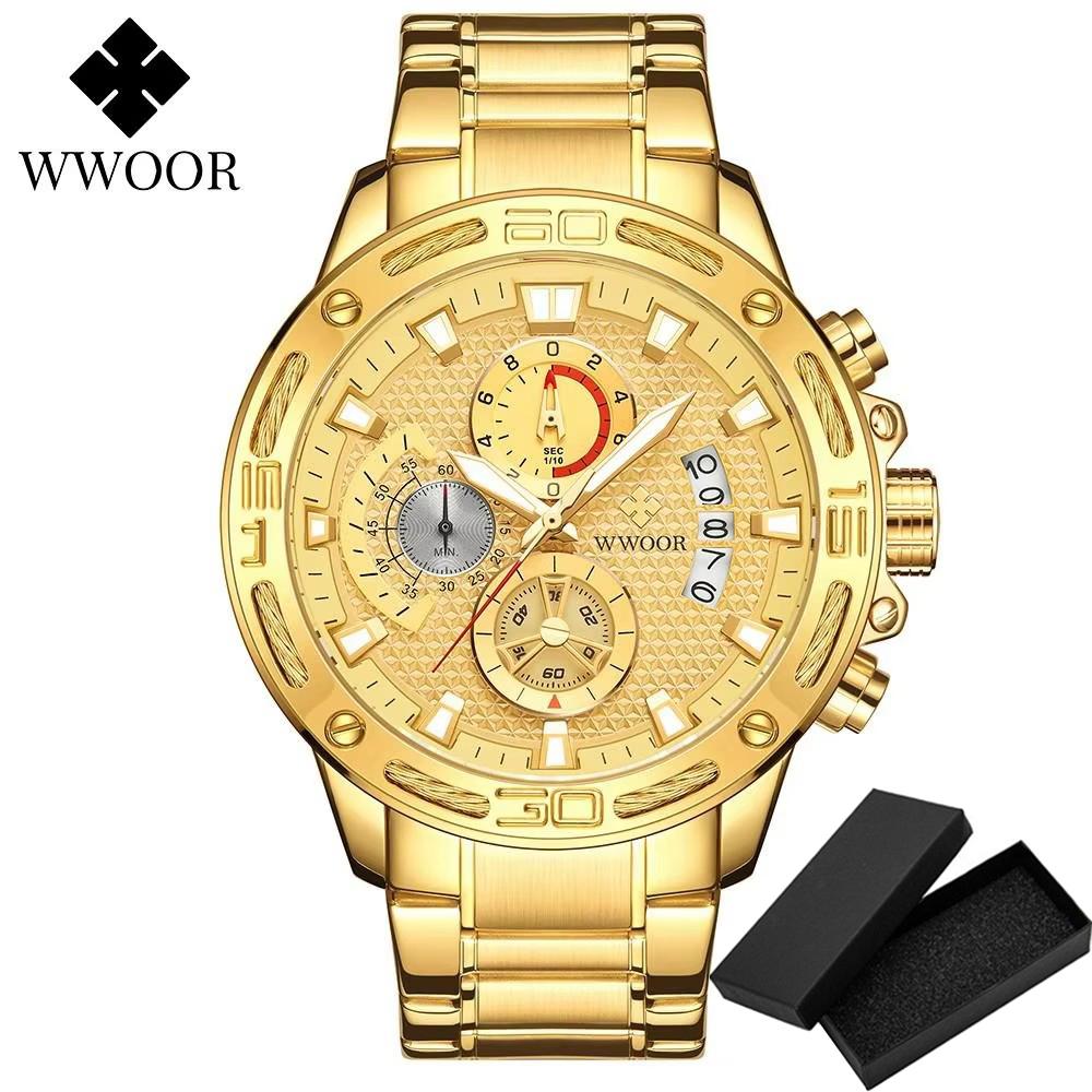 Wwoor Gold Luxury Watch Men Quartz Steel Waterproof Sport Watches Wristwatch Military Chronograph Date Clock Relogio Masculino