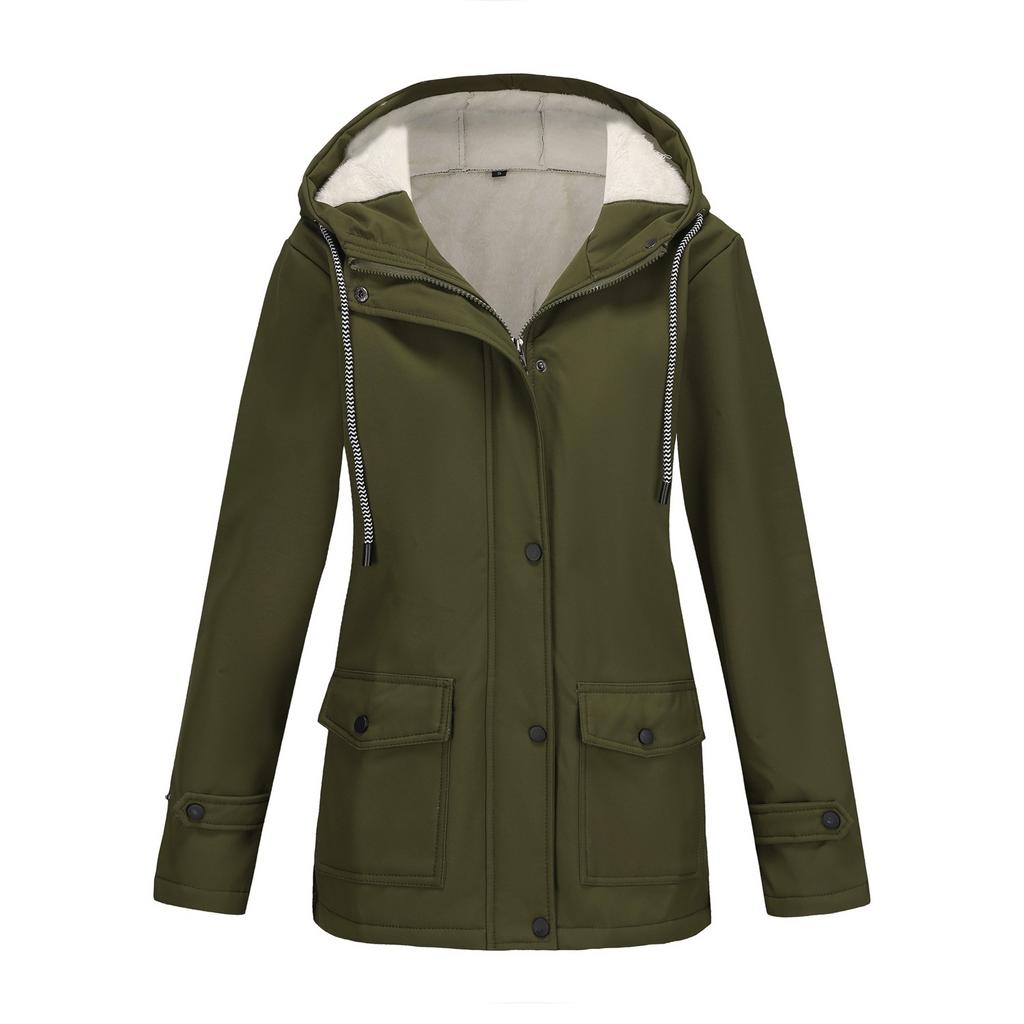 Model Lady Spring and Autumn Hooded Trench Coat Composite Fleece Waterproof Coat, Long-sleeved Zipper Cardigan Jackets