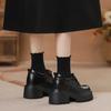 12cm Height Boost Chunky Heel Black Leather Loafers for Women, British Style, Lace-up High Heels for Spring & Autumn