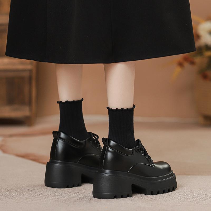 12cm Height Boost Chunky Heel Black Leather Loafers for Women, British Style, Lace-up High Heels for Spring & Autumn
