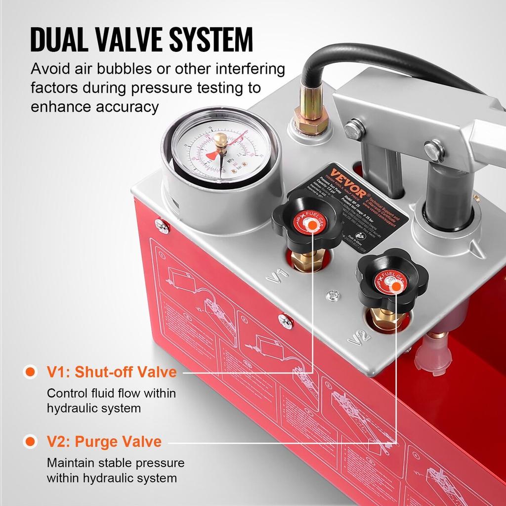 Hydrostatic Test Pump, Max 25 Bar/362 PSI, Dual Valve Hydraulic Manual Water Pressure Tester Kit with Gauge 10L Water Tank, 1.4 M Hose with 1.27 Cm