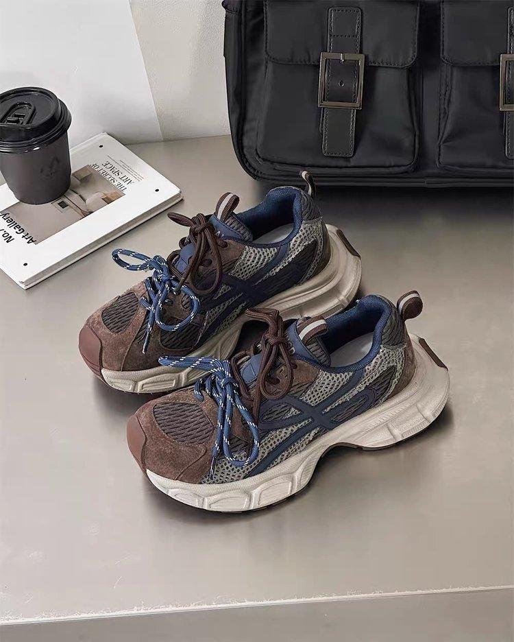European Thick-soled Mesh Leather Dad Shoes Women's 2025 Autumn New Lace-up Heightening, Lightweight and Comfortable Sports and Leisure Shoes