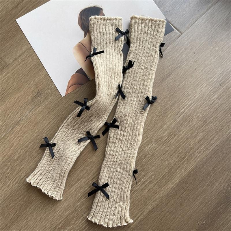 Women Girls Ribbed Knit Solid Color Leg Warmer Aesthetic Elegant Sweet Bowknot Footless Long Socks Ruffled Leg Covers