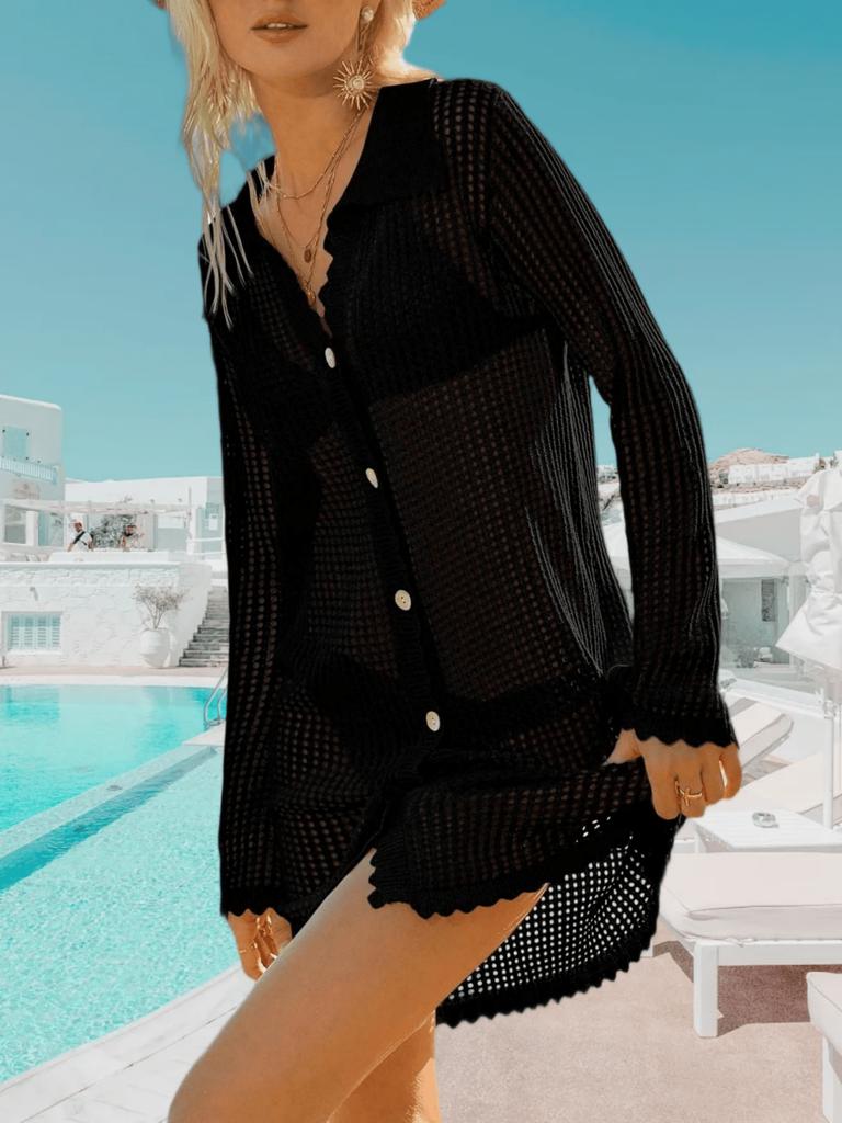 Women's Crochet Beach Cover Up Button Down Long Sleeve Cardigan Mini Dress