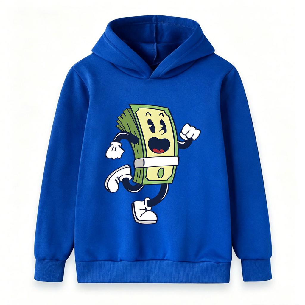 Kids Boys Girls Pullover Hoodie, Retro Cartoon Running Dollar Bill Character Print Casual Long Sleeve Hooded Sweatshirt for Daily Wear and Outdoor