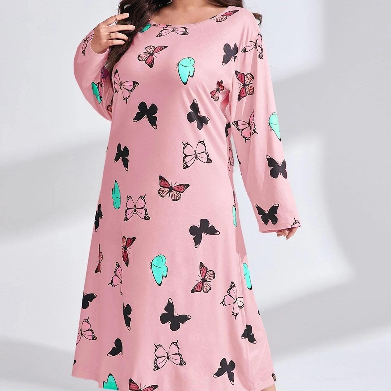 

GMXIA женская мода лето-весна с леопардовым принтом и сердцем-бабочкой с длинным рукавом и круглым вырезом свободная повседневная ночная рубашка платья XL розовый