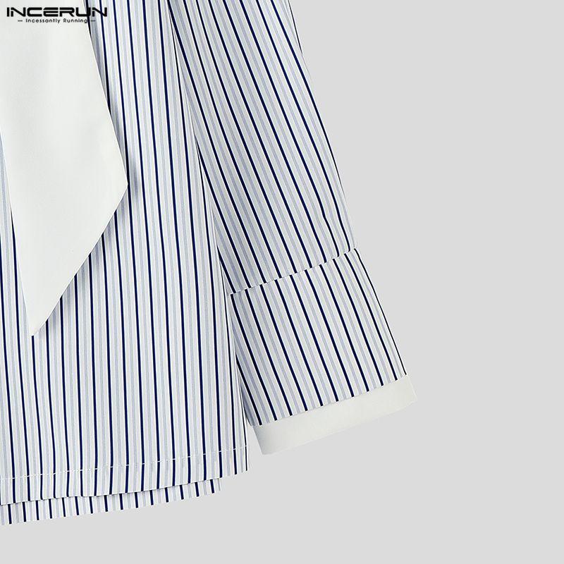 INCERUN Oversized Men Long Sleeve Patchwork Buttons Up Casual Striped Shirts Tops