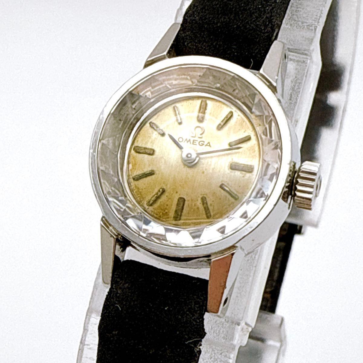 Used A028 OMEGA Antique Cut Glass Women s Manual Winding Mechanical Genuine Buckle Silver Dial Working Watch