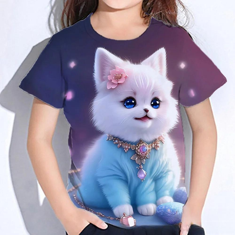 Summer Round Neck 3D Cat Printed Top Fashionable Casual Short Sleeved Children's Girl T-shirts