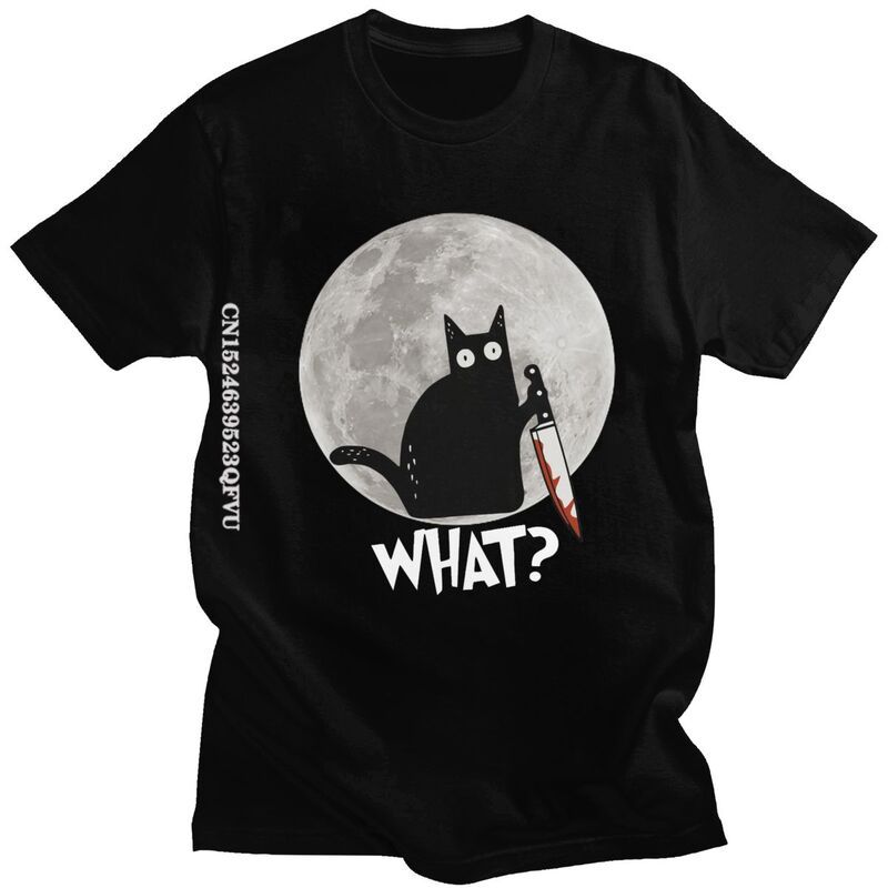What Cat Full Moon Tshirt Unisex T Shirt Trendy Funny Halloween Black Murderous Cat With Knife TShirts Cotton Tee Free Shipping