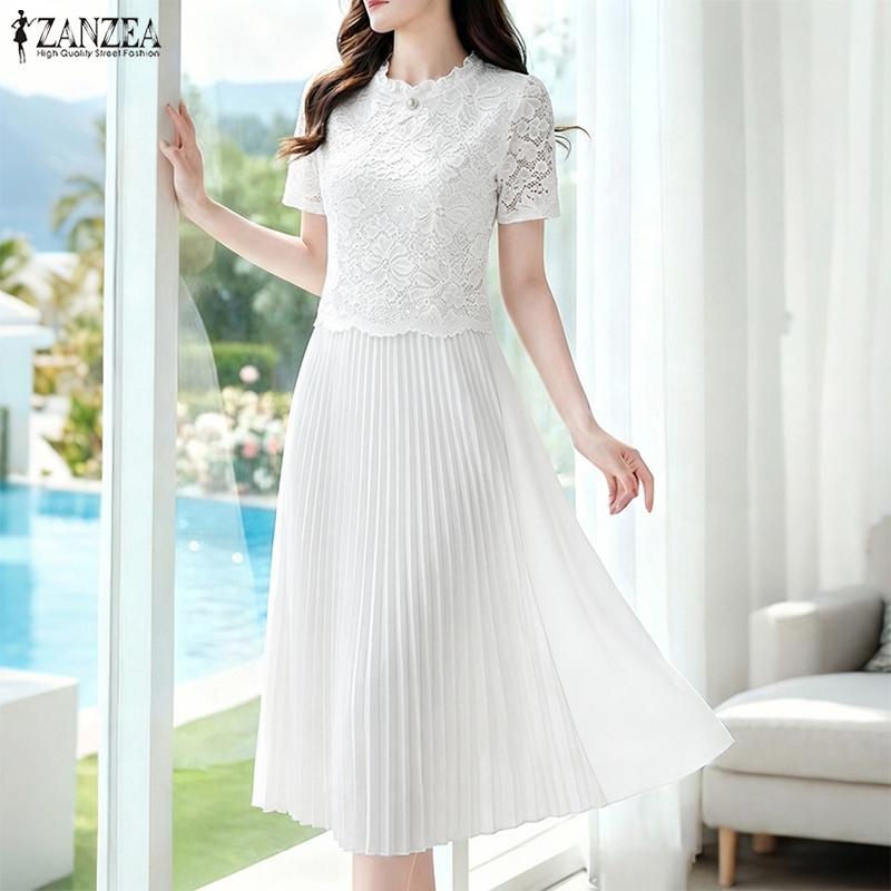 ZANZEA Women Casual Round Neck Short Sleeve Lace Patchwork Dress