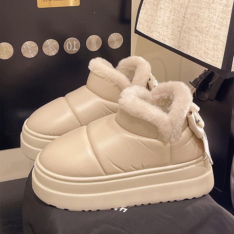 Women's Waterproof PU Leather Slippers: Thick Sole, Warm Velvet, Non-slip Bow Design for Outdoor Use