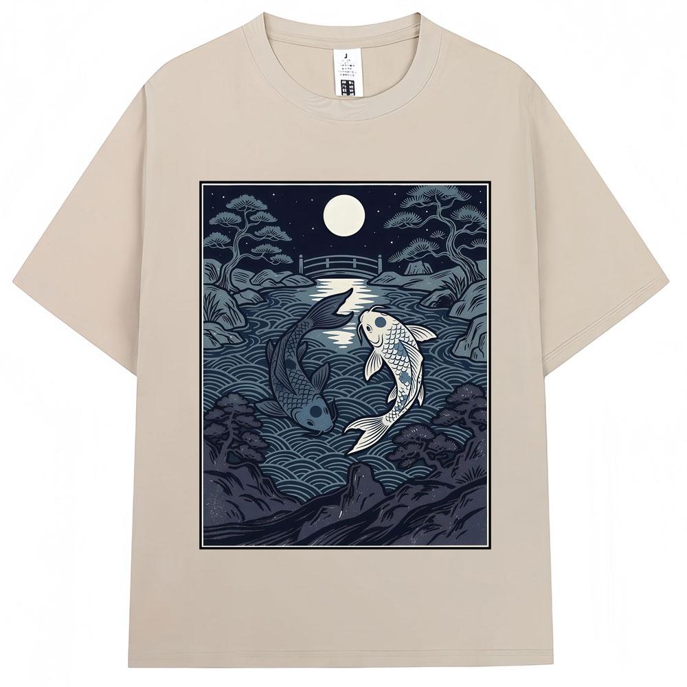 Japanese Style Yin Tang Koi Fish Moonrise Graphic T Shirt   Fashion Vintage T-shirts Oversized Cotton Casual Y2k T-shirt