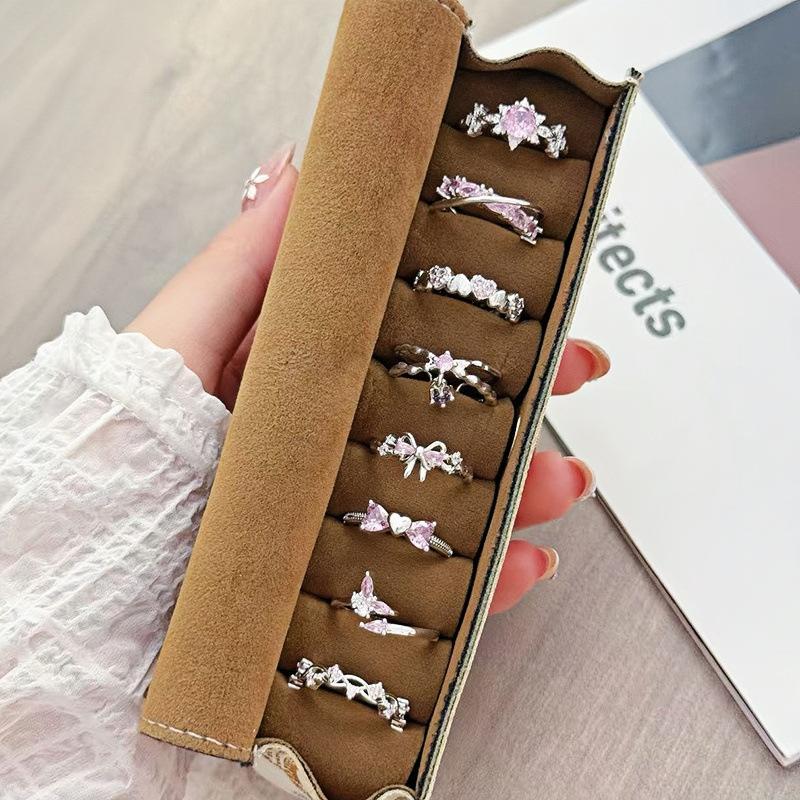 Light Luxury Sweet Cool Pink Cute Full Diamond Zir*****Pening Adjustable Ring Niche Design High-End Ring Woman