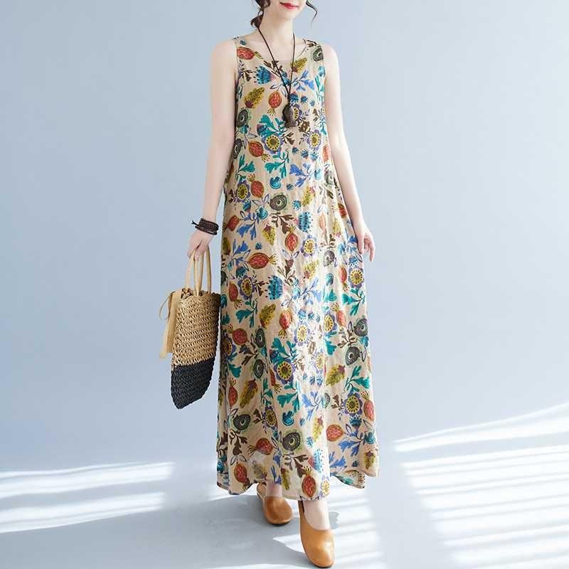 Long Skirt Summer New Sleeveless Round Neck Printed Mid Length Dress