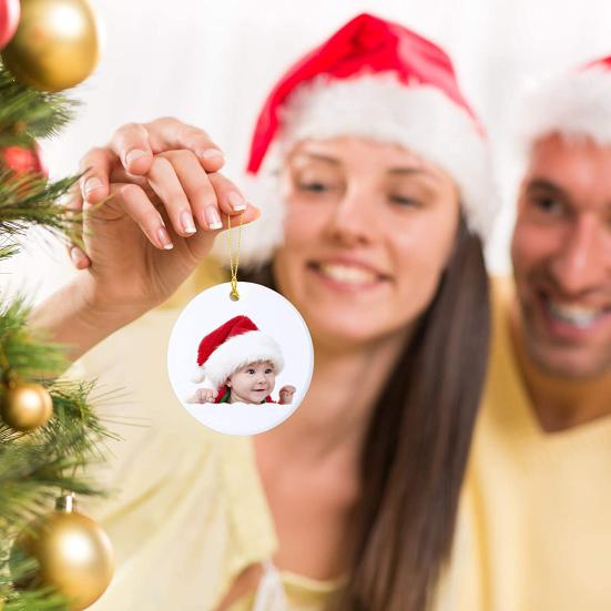 1 Set Sublimering Keramisk Prydnad Vit Rund Blank Prydnad med Snöre för Hantverk DIY Jul Heminredning