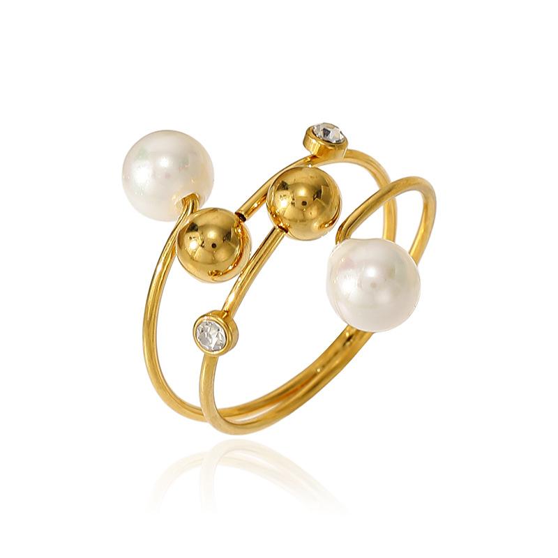 European and American light luxury multi-layer winding pearl opening ring 18K gold-plated stainless steel double round bead diamond jewelry