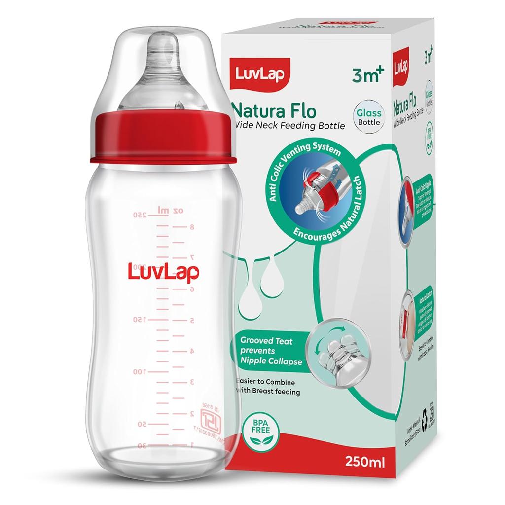 LuvLap Natura Flo Wide Neck Glass Feeding Bottle 250ml BPA Free Ergonomic Design Safe Durable For Newborns And Toddlers