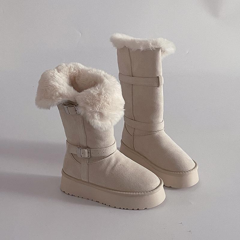 

Двухсторонние ботильоны средней высоты с пушистой оторочкой и ремешком с пряжкой, на плоской подошве, зимние, модные, в стиле ретро, на толстой подошве, женские модные ботильоны 40 бежевый