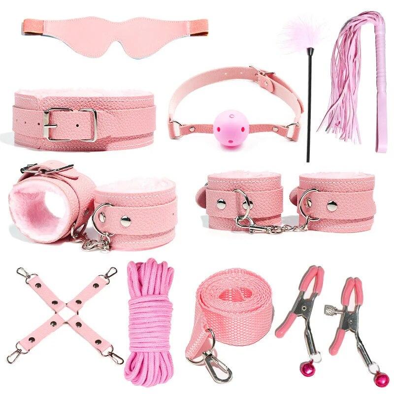 7pcs/set PU Leather SM Bondage Set Sex Handcuffs Footcuffs Whip Rope Eye Blindfold Adult Games Erotic Toys Couples Products Shop