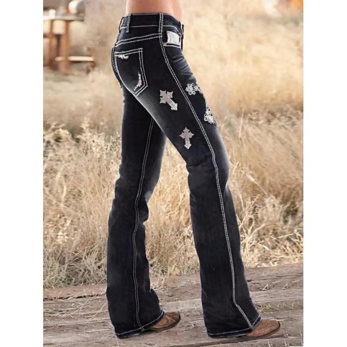 

2025 New Embroidered Stretch Micro-Flare Washed Black Denim Jeans for Women Extra Small чёрный