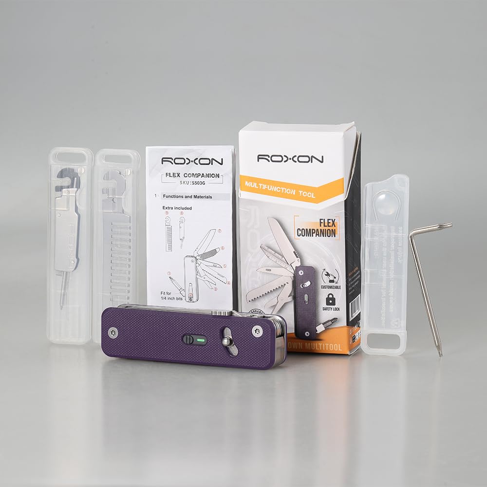 ROXON S503G Flex Companion ein modulares und verstellbares Taschenwerkzeug mit acht essentiellen Werkzeugen Bit D2 Taper Werkzeug, vorinstalliert (1/4" Aufnahme, Klinge,