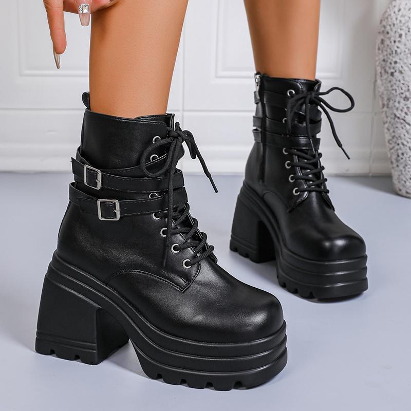 Women's Gothic Platform Chunky High Heel Ankle Boots Black Buckle Strap Lace Up Zipper Motorcycle Boots Woman Punk Style Shoes