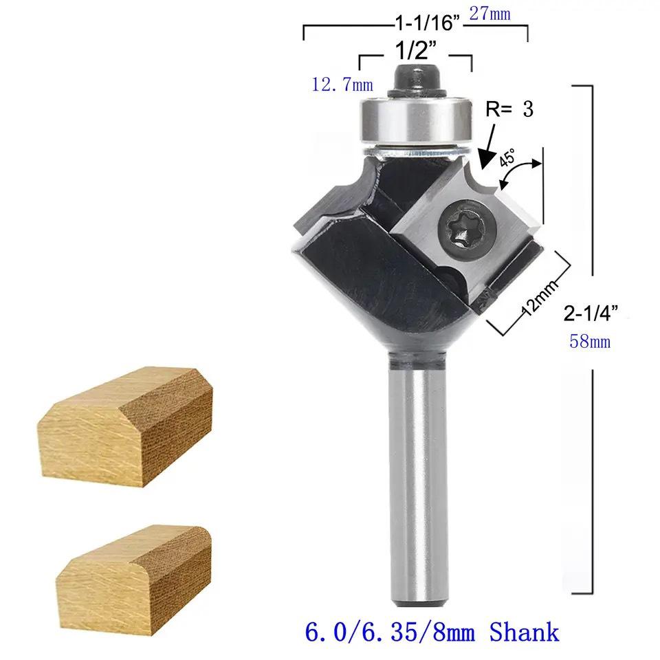 Industrial Grade Disposable Double-Edged Router Bit - Round Nose Angle, 1/4, 6, 8mm Shank for Woodworking.