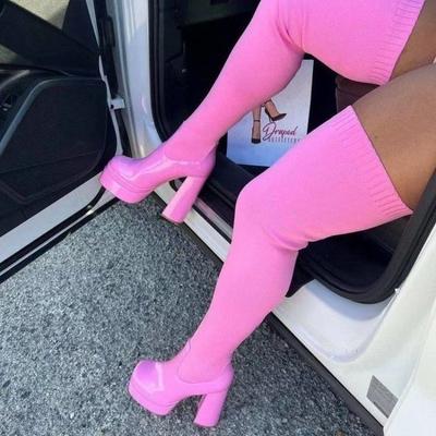 Bottes Longues Élastiques de Mode, Bottes Montantes au-dessus du Genou à Talons Hauts Amincissantes pour les Jambes, Chaussures Chaussettes Tricotées, Bottes Fashion pour Femmes à Talons Ultra-Hauts Grande Taille