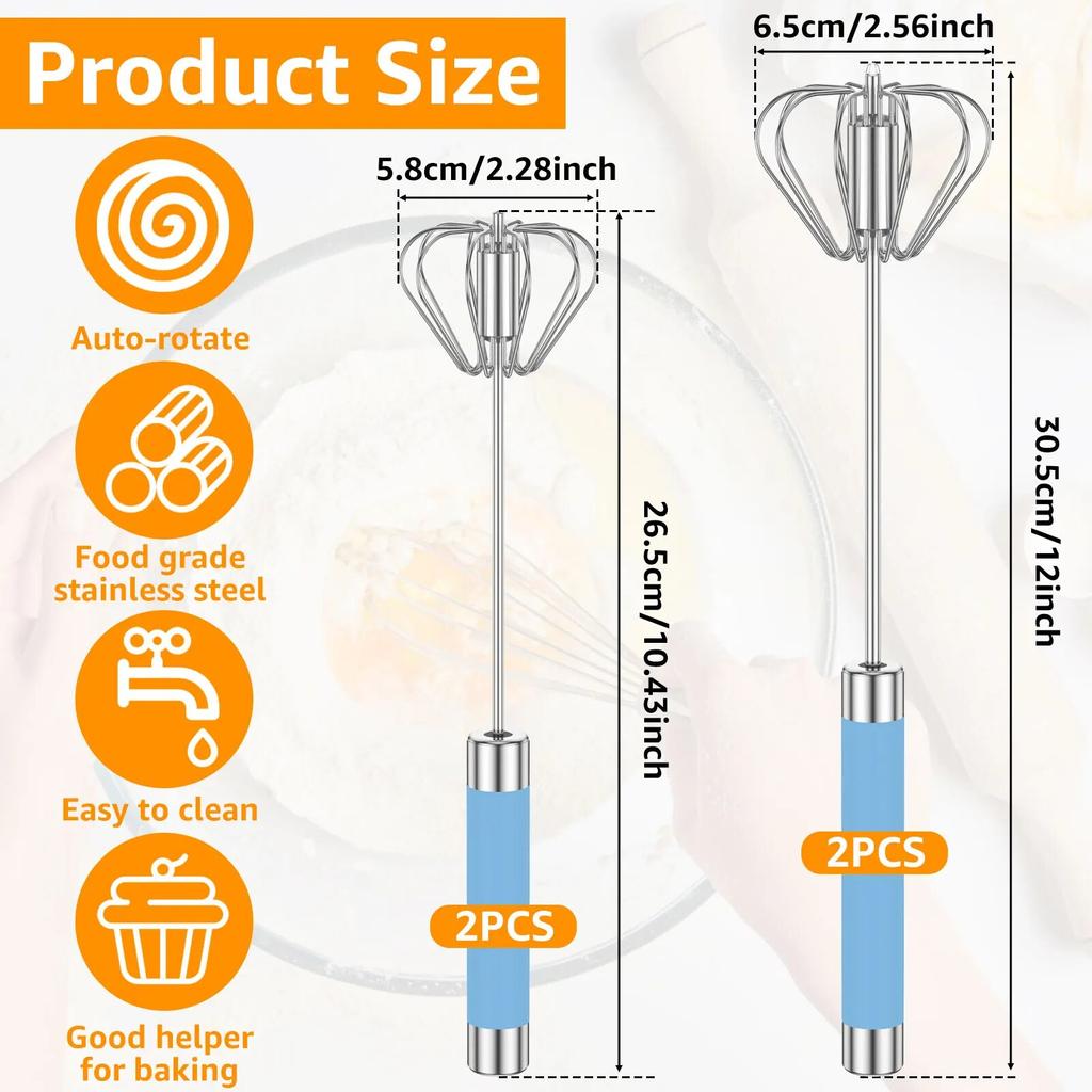 4Pcs Egg Whisk Stainless Steel Egg Beater Hand Push Whizzy Whisk with Handle Rustproof Hand Whisk Semi Automatic Egg Mixer Kitchen Tool