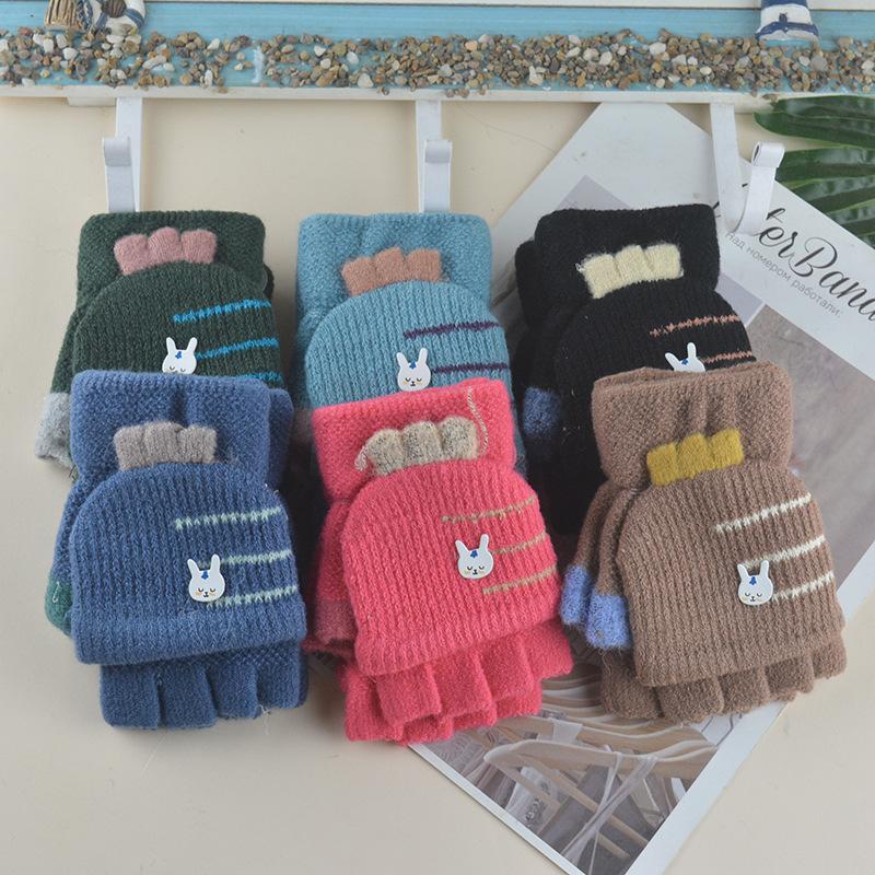 Autumn and Winter New Thermal Flip Knitted Half-finger Children's Gloves Writing Middle and Old Children's Cute Rabbit Student Gloves